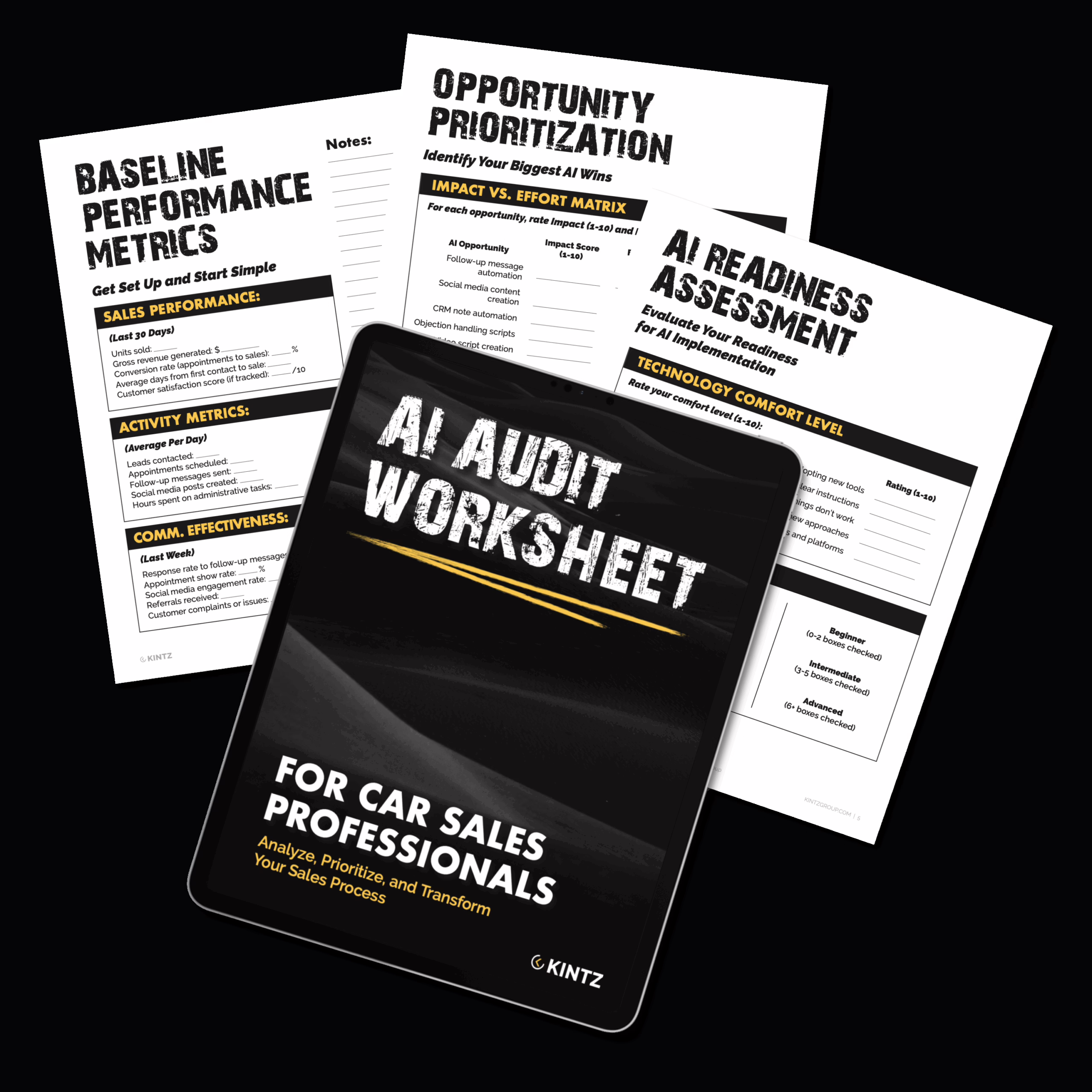 AI Audit Worksheet for Car Sales Professionals – free printable tool with baseline performance metrics, opportunity prioritization, and AI readiness assessment pages