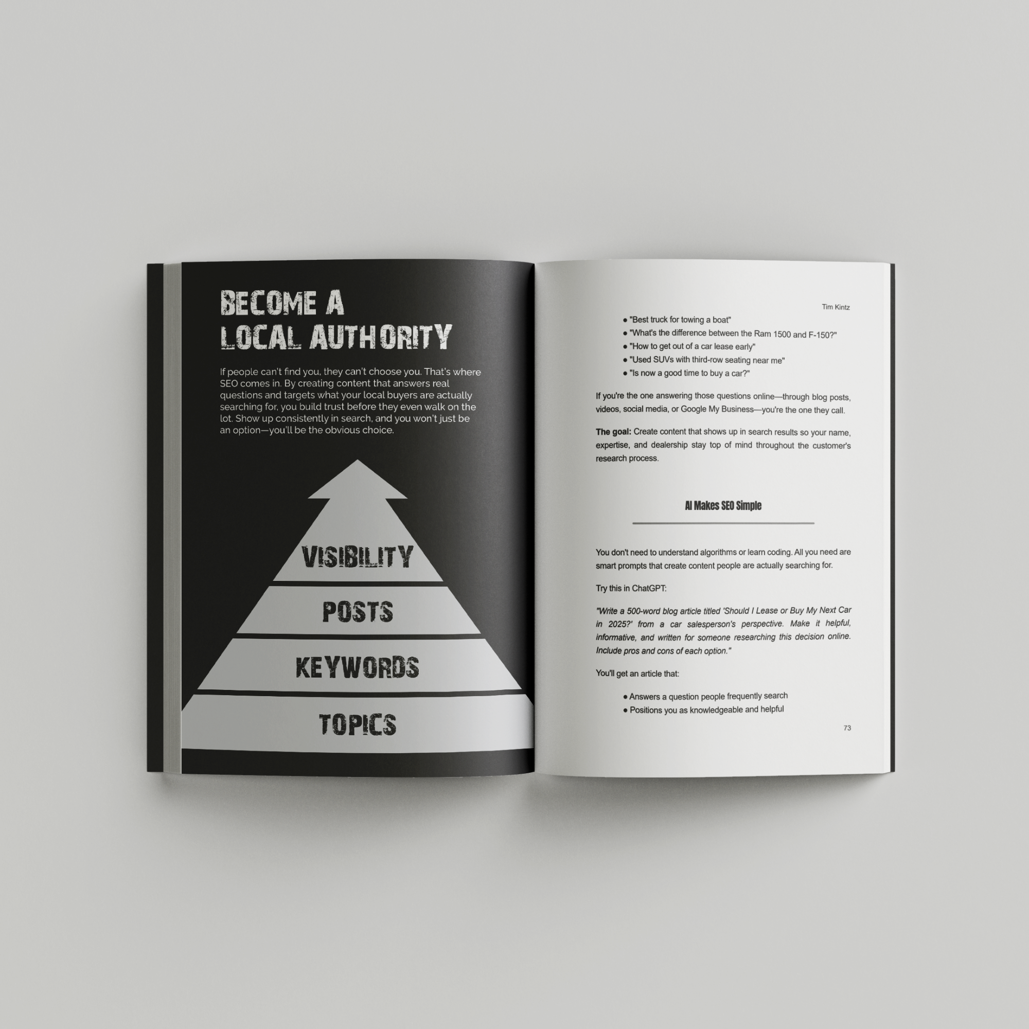 The AI Advantage signed paperback by Tim Kintz – automotive sales training book cover featuring gold title and luxury car wireframe design