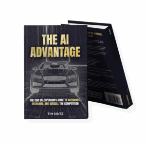 The AI Advantage signed paperback by Tim Kintz – automotive sales training book cover featuring gold title and luxury car wireframe design